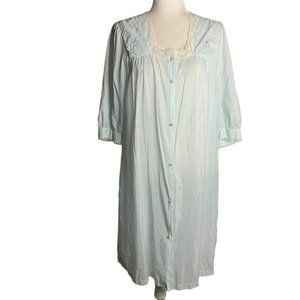 Vintage 70s Barbizon Button Up Nightgown M Blue Embroidered Lace Half Sleeve